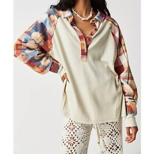 We The Free Free People Plaid Mixed Media Thermal Henley Top Large Cream Multi